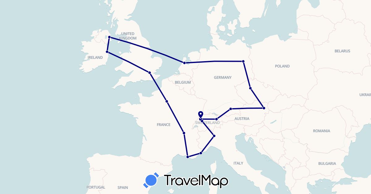 TravelMap itinerary: driving in Austria, Switzerland, Czech Republic, Germany, France, United Kingdom, Ireland, Italy, Liechtenstein, Netherlands (Europe)